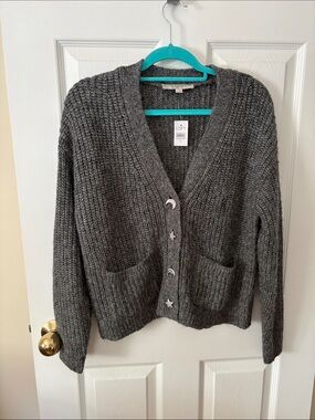 LOFT Charcoal Ribbed Button-Front Knit Cardigan with Moon & Star Buttons